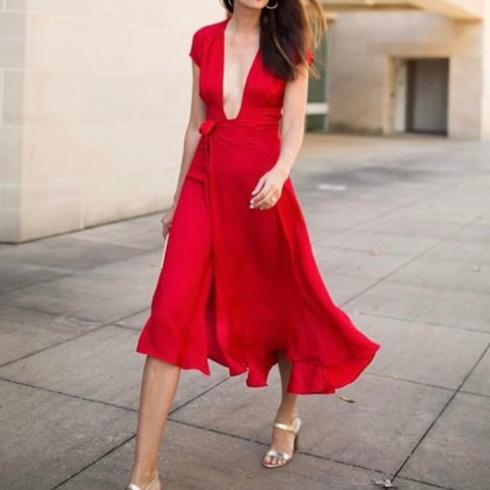 Women’s Deep V Midi Dress in Red